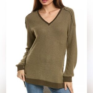 XCVI Wearables Oxley V-Neck Waffle Tunic Thermal Pullover Olive Green Small